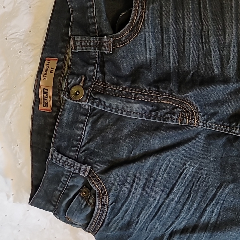 Seven7 jeans straight fit mens distressed medium weight dark blue 36x30"